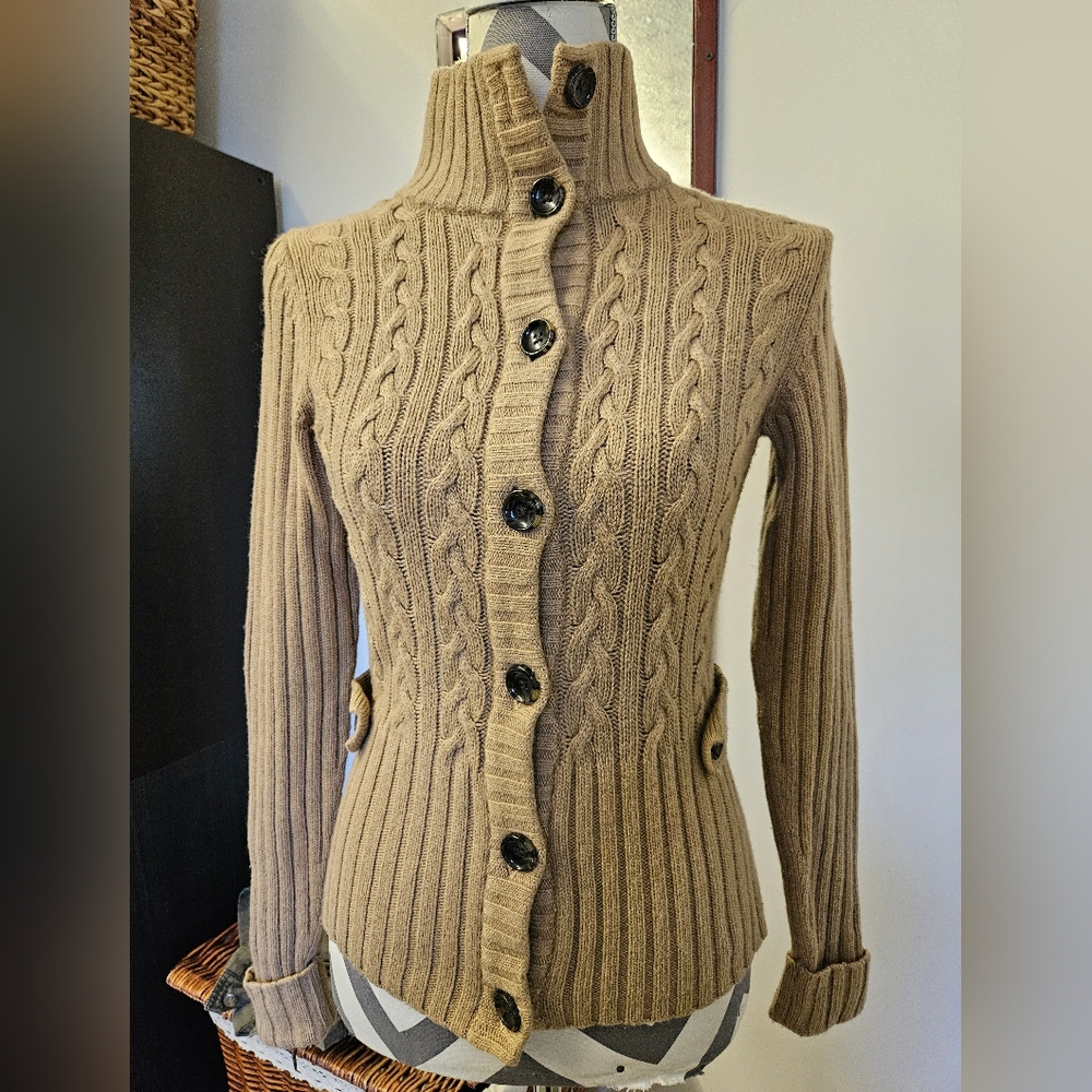 Banana Republic Tan, Cable-Knit, Mock-Neck, Button-Down Cardigan